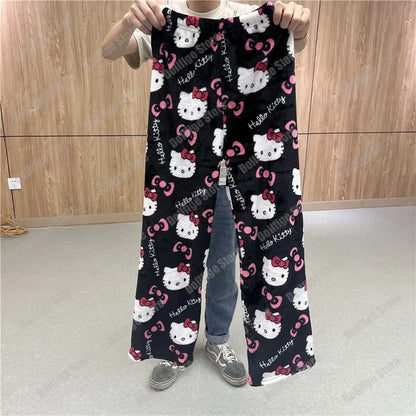 Sanrio Christmas Hello Kitty Pajamas Halloween Flannel Fashion Trouserswomen Kawaii Woolen Anime Cartoon Casual Home Pant Autumn